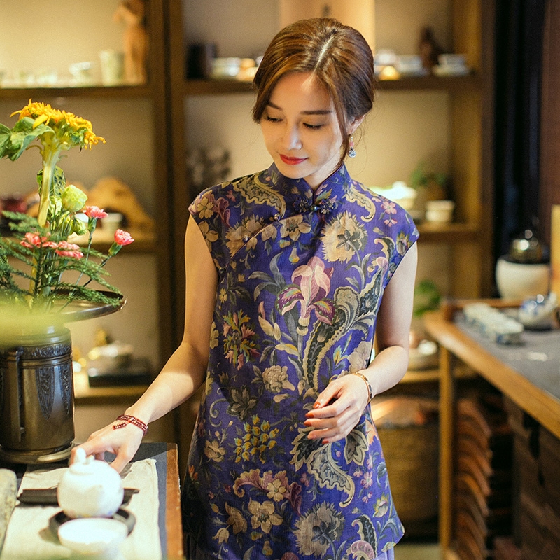 Zhu's original (fu tulip) summer silk spun fragrant cloud yarn embedding edge disc buckle sleeveless loose Chinese improved blouses woman