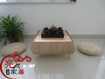 , Cattail Woven Tatami Coffee Table, Storage Coffee Table, Solid Wood Small Coffee Table, Balcony Bay Window Coffee Table