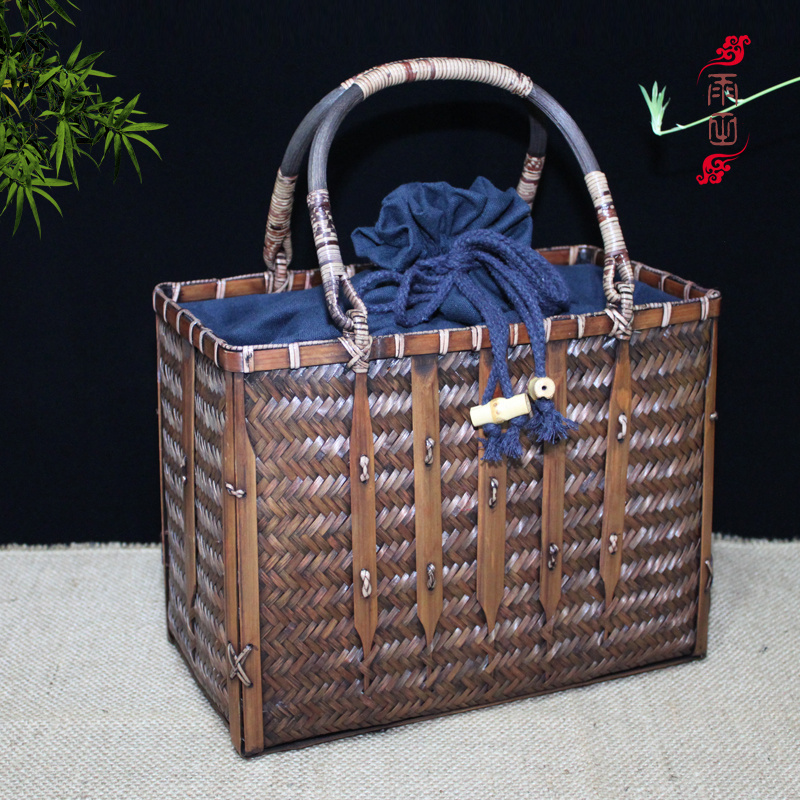 Pure hand woven bamboo woven bag Chinese art retro bamboo basket handbag male and female tea set containing bag