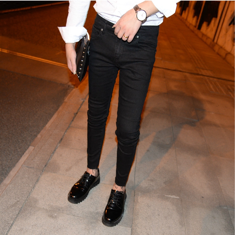 黑色光板修身小脚牛仔裤男显瘦弹力铅笔裤流行裤脚切边百搭长裤潮
