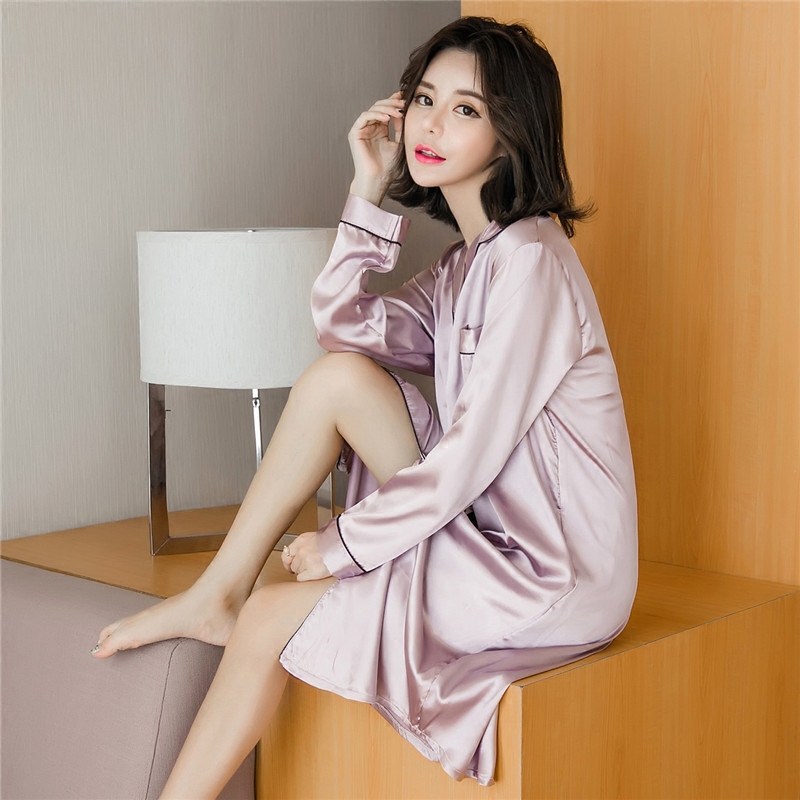 Pajamas for Women in Autumn and Winter, Imitation Silk Nightgown, Long-Sleeved, Sexy Silk, Ice Silk, Plus Size, Loose-Fitting Loungewear for Plus-Size Women