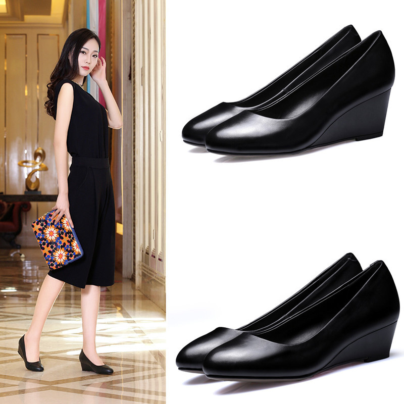 Flight Attendant Shoes, Genuine Leather, Round Toe, Wedge Heel, Professional Shoes, Spring and Autumn High Heels, Soft Sole, Hotel Work Shoes, Formal Women's Shoes, Leather Shoes