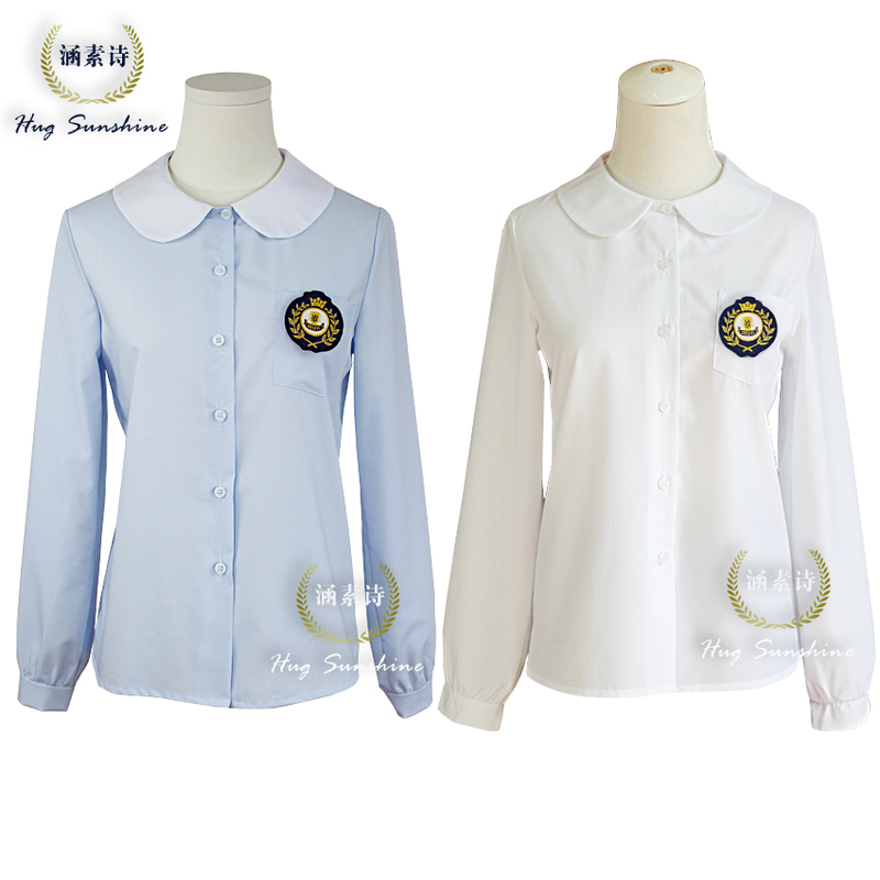 Uniform Long-Sleeved Shirt for Women, White Long-Sleeved Round-Neck Shirt, Doll Collar, Sweet and Cute School Uniform Shirt with Round Collar