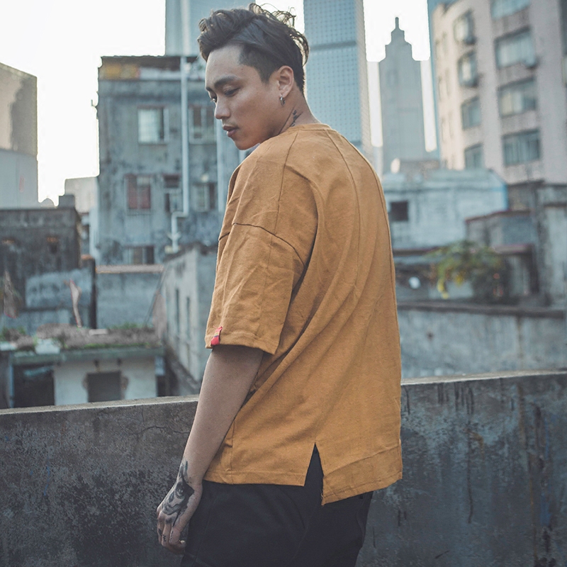 夏装新款高街简约麻棉纯色半袖T恤 圆领拼接宽松潮牌男士短袖T恤