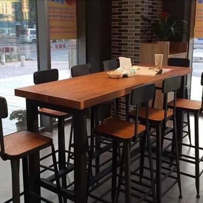 Solid Wood Bar Table, Simple Wall-Mounted Wrought Iron Long High Table, Bar Table, Cafe Table and Chairs, Milk Tea Shop Water Bar Table