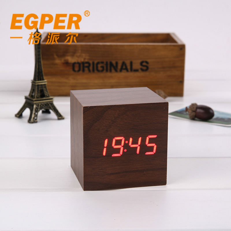 Hot sale LED wooden clock Retro wooden clock Creative sound control luminous lazy smart alarm clock Wooden square table clock