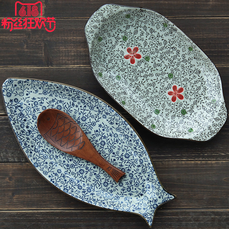 Four seasons and the wind under the glaze color Japanese dish ceramic tableware hand - made eat dish of fish dishes household ears plate