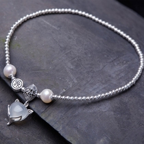 S925 Sterling silver anklet female natural pearl chalcedony Fox characteristic crystal sexy jade foot rope Retro anklet