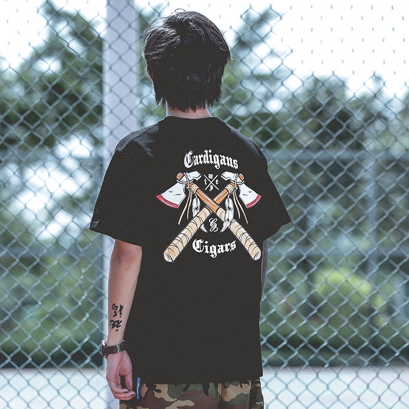 欧美复古简约西海岸潮牌夏季男士纯棉old school 斧头印花短袖T恤