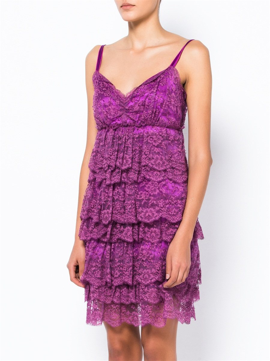 Dolce&Gabbana 玫紫色层次蕾丝饰吊带连衣裙
