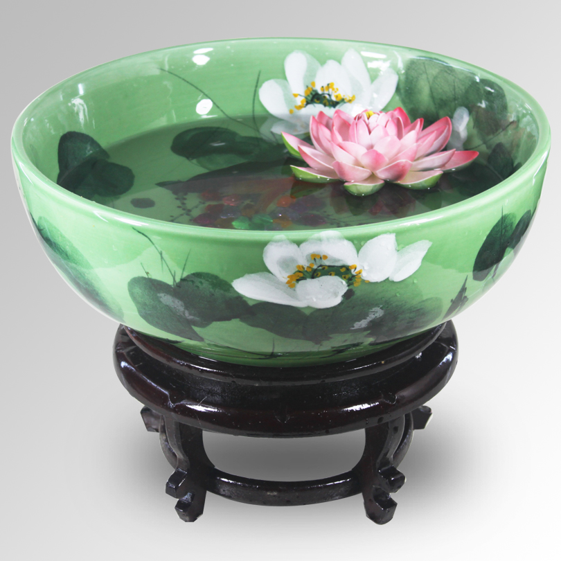 Package mail jingdezhen ceramic aquarium turtle pond lily cylinder goldfish bowl bowl aquarium crafts product green lotus