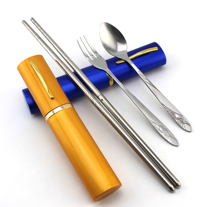Popularity Baby Han version Pen Holder Style Stainless Steel Cutlery Three Stainless Steel Soup Spoon Fork Chopsticks Three Suits