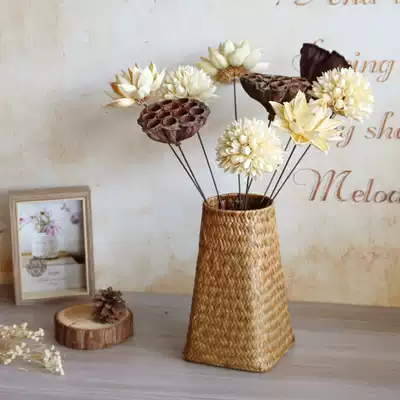 Grass woven flower basket flower arrangement Dried flower bouquet Hand woven natural creative pastoral bamboo woven rattan woven flower tube vase ornaments