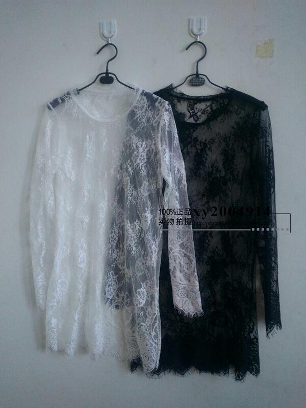 Long-Sleeved Eyelash Lace Mid-Length Single-Layer Transparent Hollow-Out Base Layer Lace Dress with Eyelash Lace in Plus Sizes