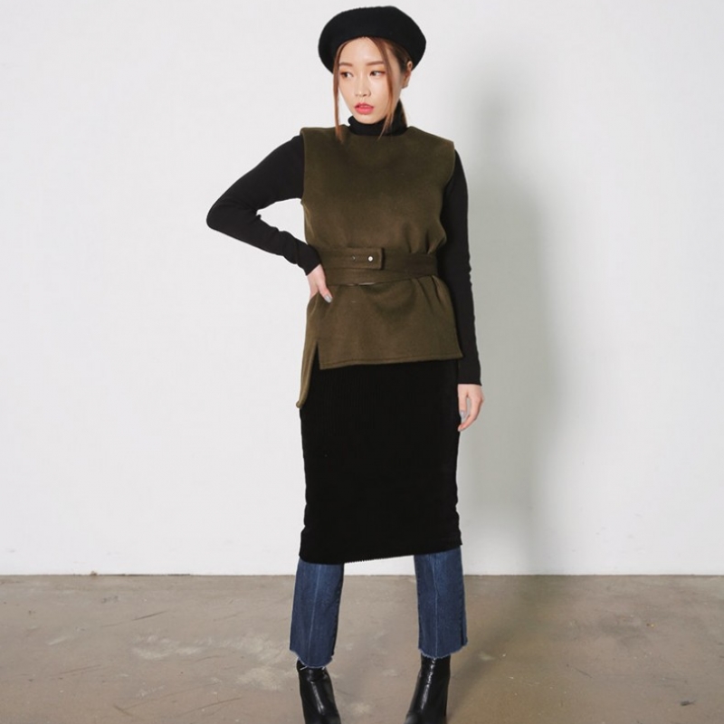 韩国stylenanda官方正品 时尚款灯芯绒包臀半身裙-黑色