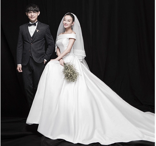 Ретро корейское классическое свадебное платье, в корейском стиле, открытые плечи