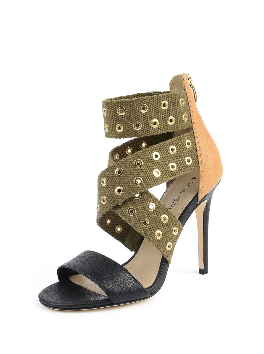 Via Spiga 黑绿拼色钉扣交叉搭带高跟鞋