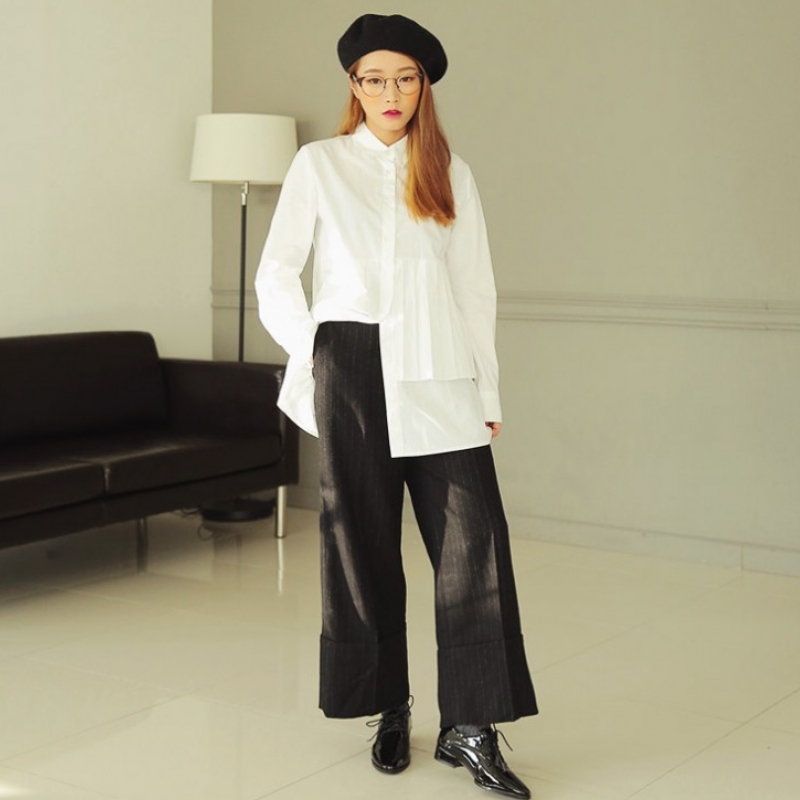 韩国stylenanda官方正品 唯美纯色褶裥拼接翻领衬衫-象牙色