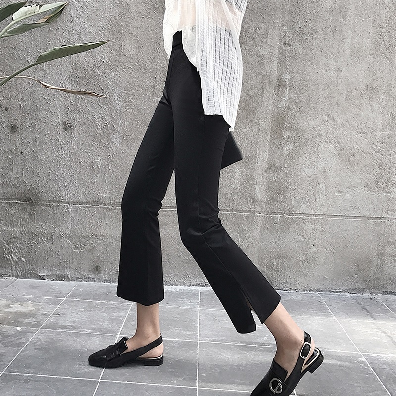 EKOOL高腰弹力微喇叭裤韩版夏季休闲裤开叉修身显瘦九分打底裤女