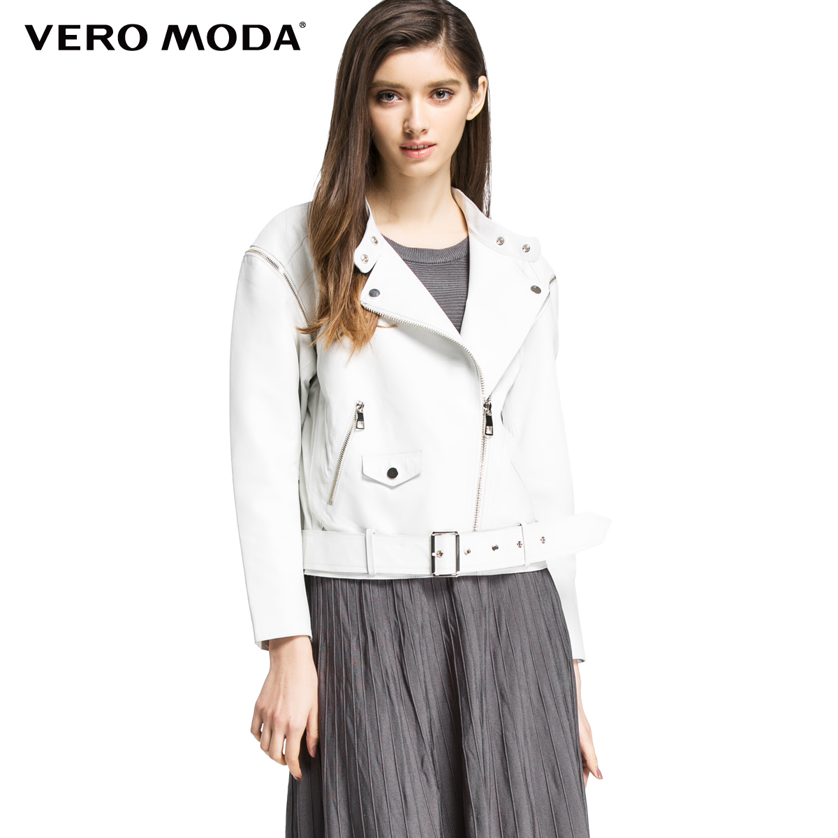 Vero Moda可拆卸袖子腰带装饰真皮皮衣|316110010