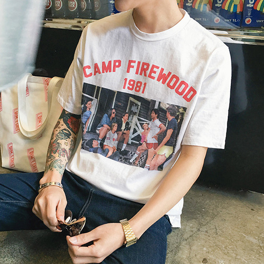 夏装新品美丽的脏店港风潮流怀旧人物印花宽松短袖T恤帅男棉tee
