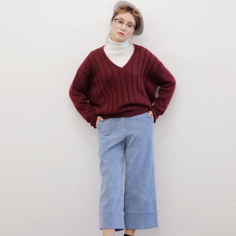 韩国stylenanda官方正品 时尚灯芯绒宽卷边阔腿裤-蓝色
