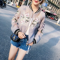 2021 summer new small jacket womens top Korean version of the short jacket womens thin organza baseball shirt embroidery sunscreen suit