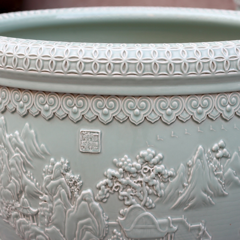 Jingdezhen porcelain carving landscape painting goldfish turtle cylinder water lily sitting room courtyard study office furnishing articles