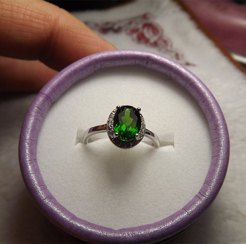 SJ5 925 silver inlaid natural chrome diopside olivine fire opal Oval 6 * 8VVS ring