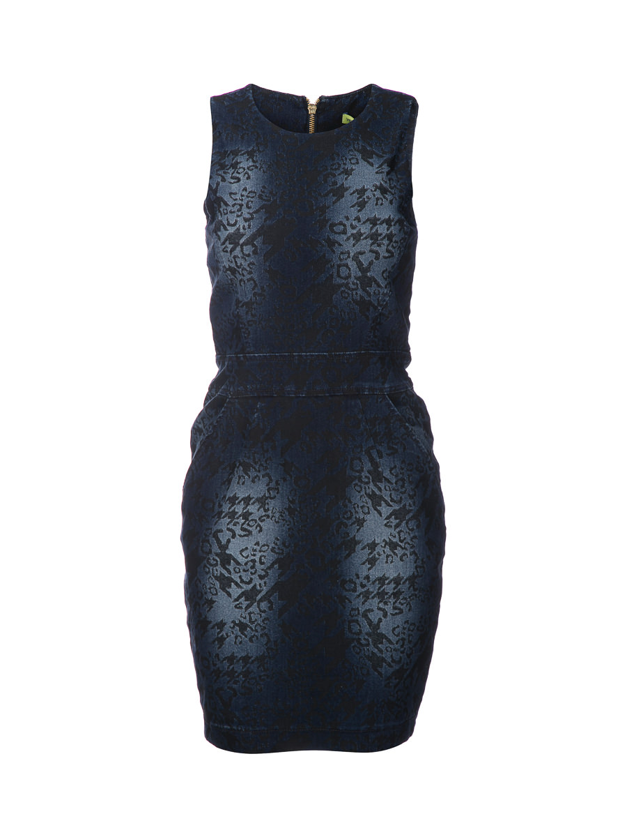 versace jeans 蓝色暗纹磨白无袖连衣裙