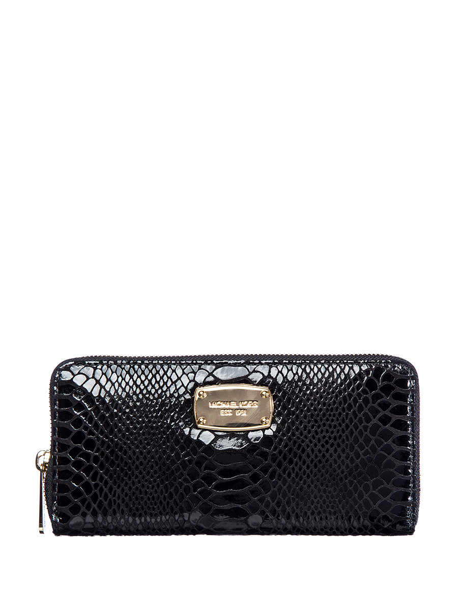 Michael Kors JET SET ITEM系列黑色蛇纹金属铭牌长款钱包