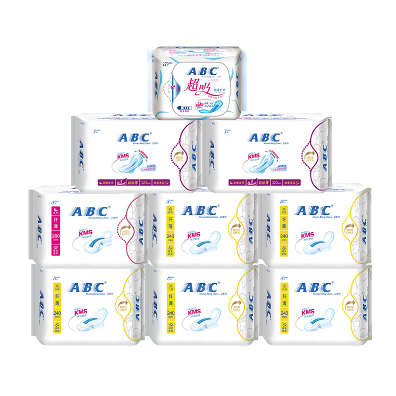 ABC纯棉柔防侧漏纤薄卫生巾76片日用5包夜用3包护垫1包纤薄棉柔