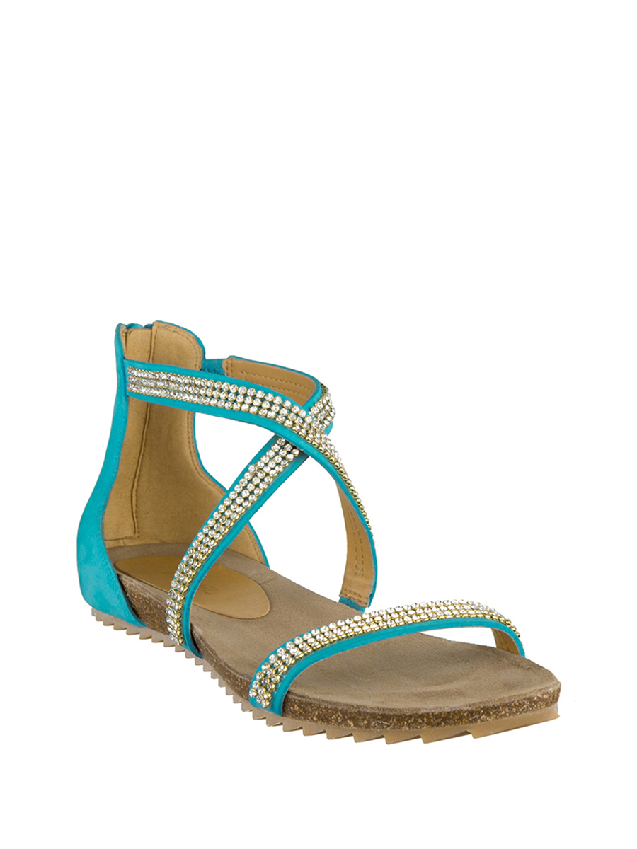 Nine West/玖熙 蓝色饰钻襻带拉链平底凉鞋