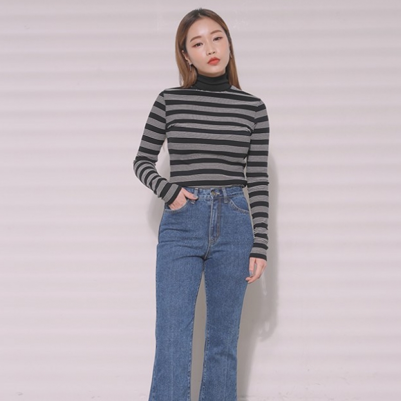 韩国stylenanda官方正品 百搭高领条纹T恤-黑色