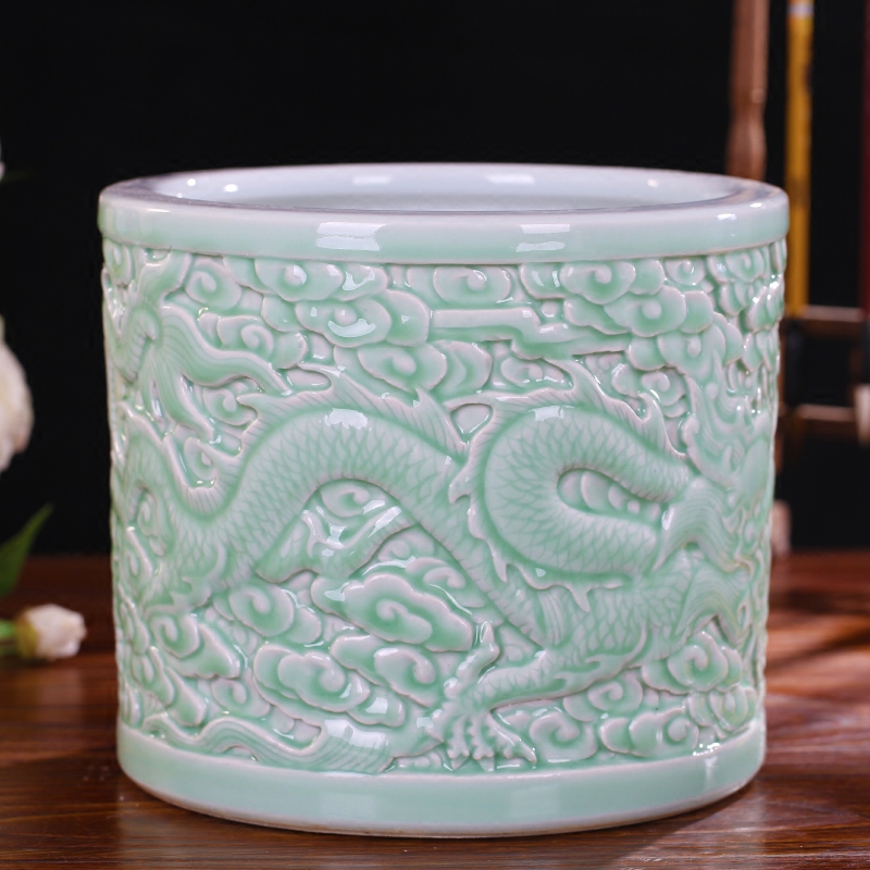 Jingdezhen ceramics engraving blue glaze big brush pot furnishing articles antique calligraphy and painting cylinder receive decorative gift dragon playing bead