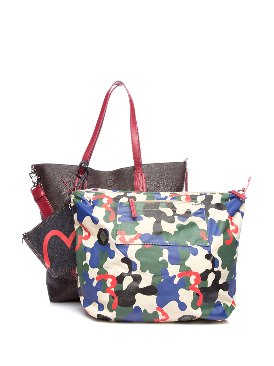 Evisu 棕色荔枝纹Logo饰襻带托特包