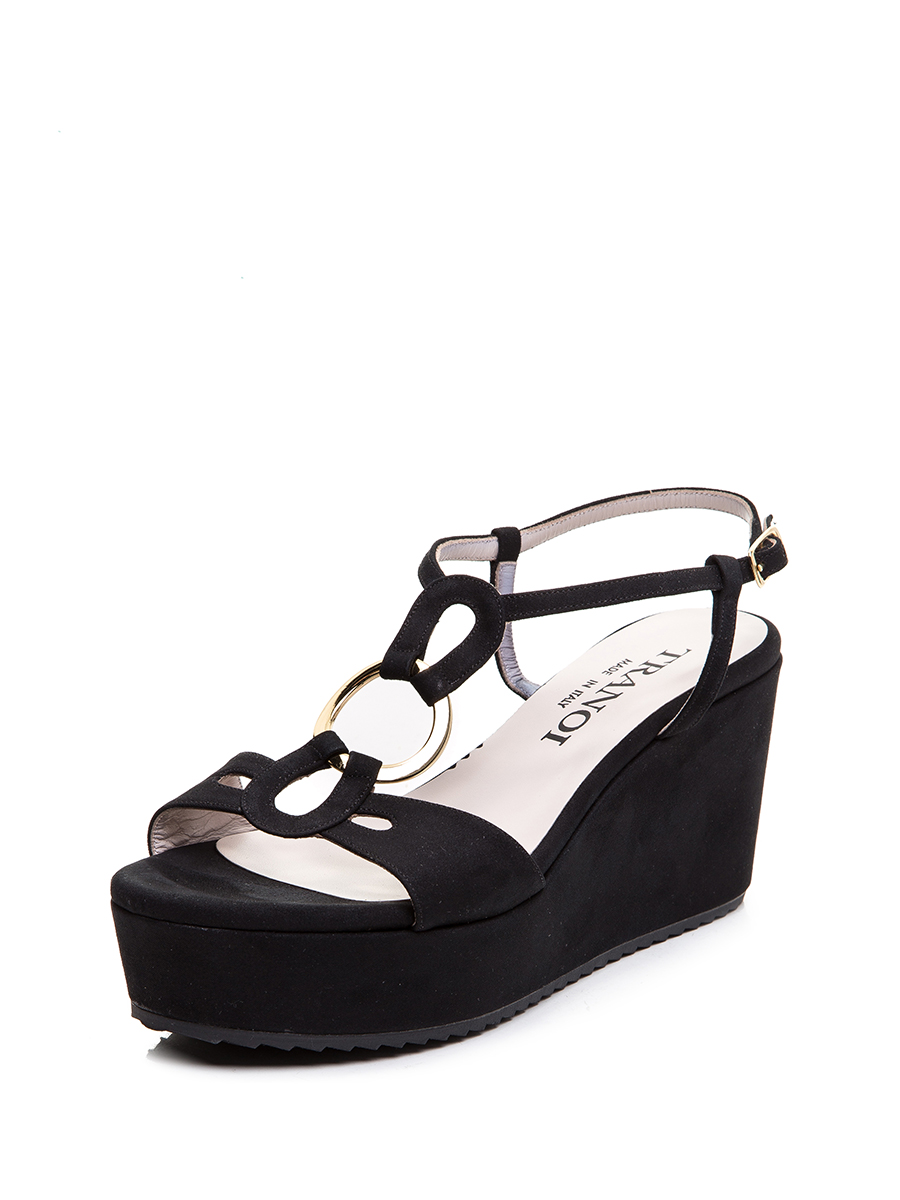 TRANOI 黑色镂空金属环饰坡跟凉鞋