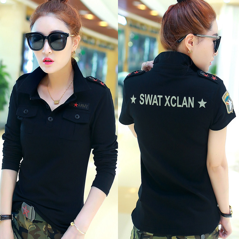 Sailor dance costume spring and autumn women's red five-star epaulettes couples lapel army green military fan long sleeve T-shirt