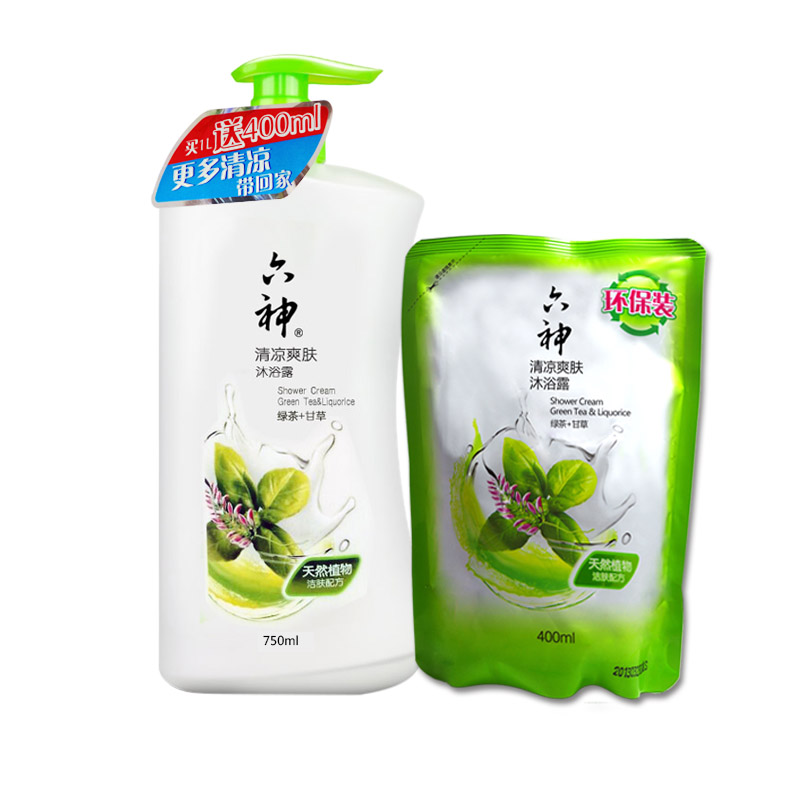 六神清凉爽肤沐浴露沐浴乳1000ml送400ml补充装绿茶+甘草深层清洁
