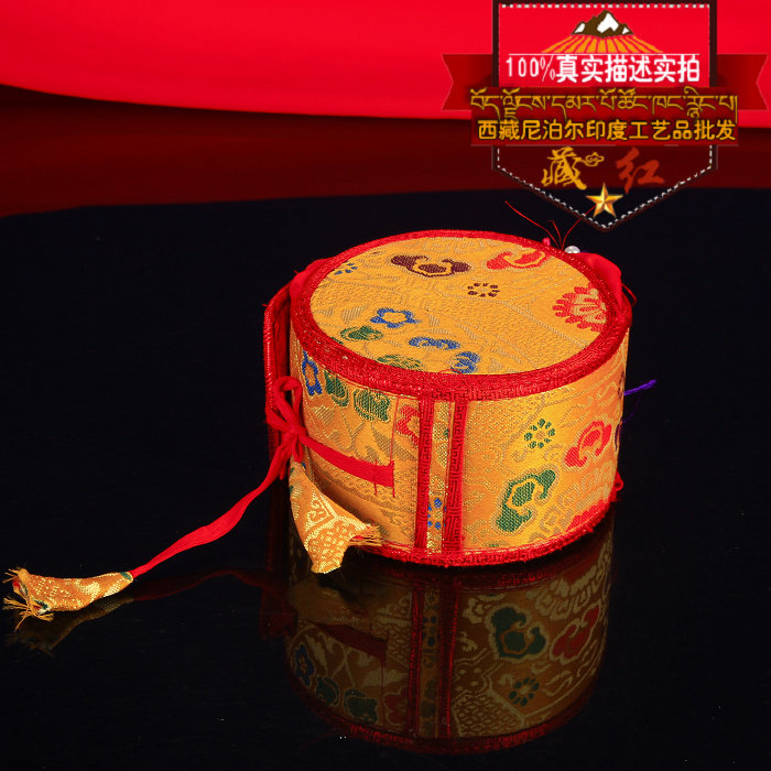 Saffron pattern wrapped cloth box sky blue drum face sandalwood body colorful silk satin Luo Luo Lama living Buddha hand drum cowhide drum