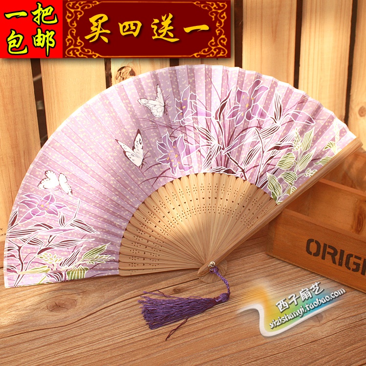 Chinese Windy Performance Day Style True Silk Folding Fan Dance Gift Fan Jump Dance 6 Inch Female Fan Cherry Blossom Butterfly
