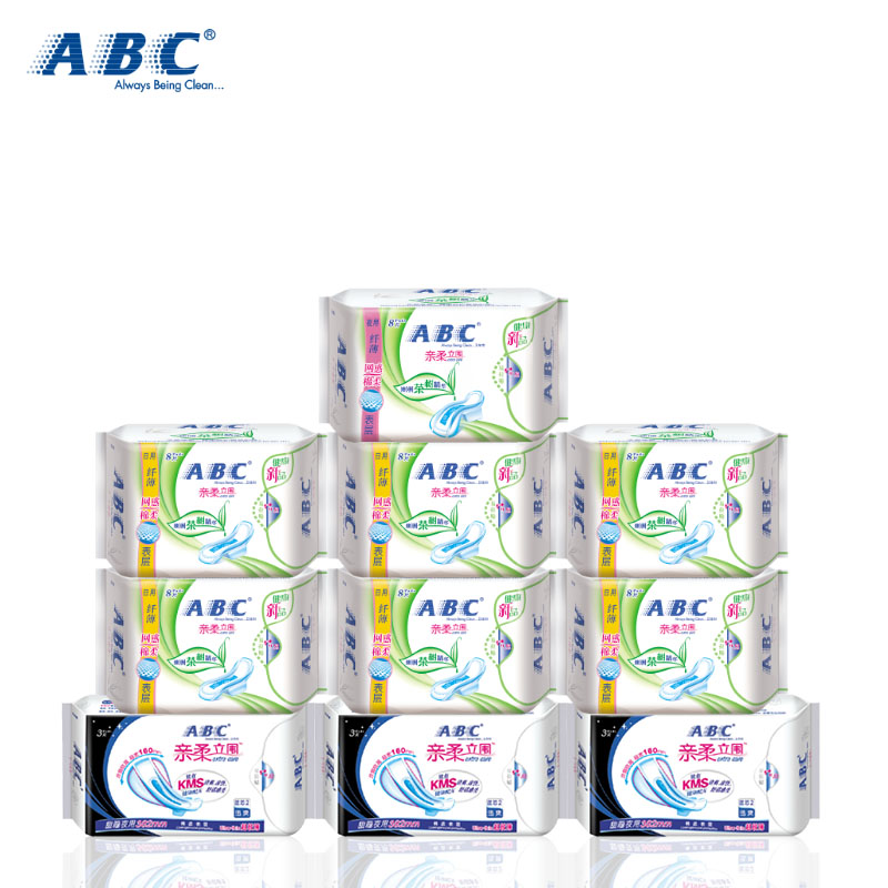 ABC卫生巾澳洲茶树中和异味亲肤棉柔日用超长夜用组合套装65片