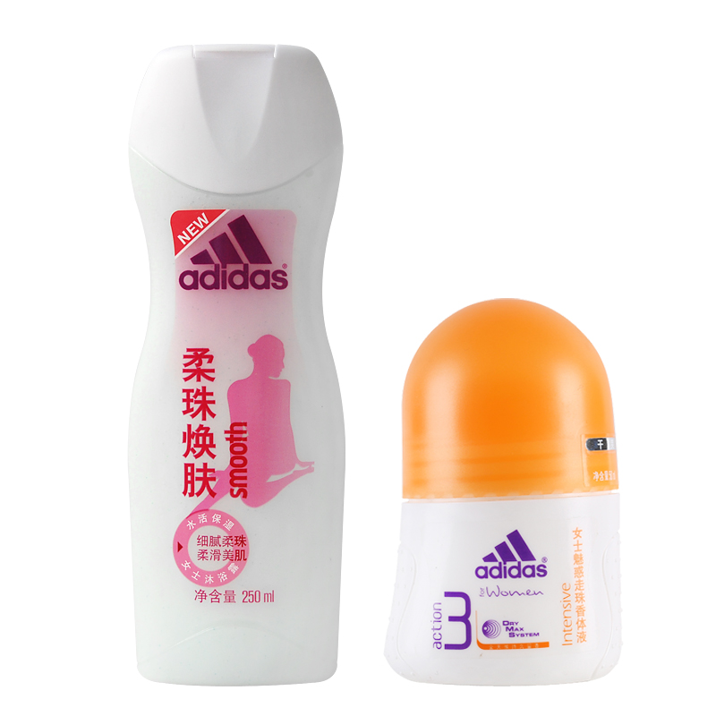 阿迪达斯女士沐浴露柔珠焕肤250ml+香体止汗走珠魅惑50ml 包邮