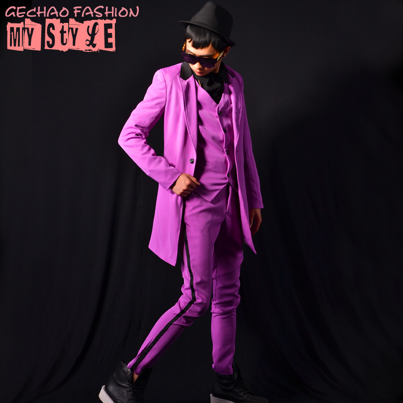 Exclusive ] Nightclub male singer DSDJ Right Zhilong GD in the long purple splicing suit bar performing clothes accessories