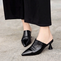 Spring and autumn new European and American pointed soft cow lacquered leather high heel Mueller Baotou womens single shoe slippers semi-tug tug Mueller shoes