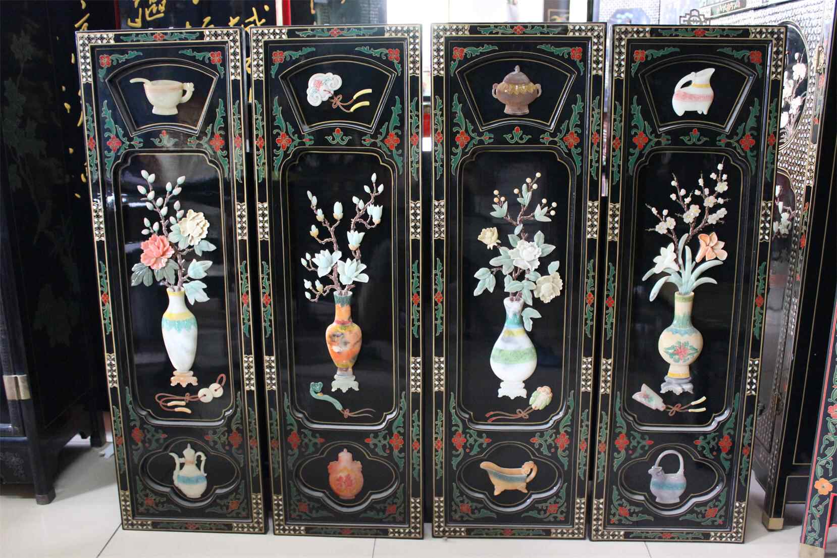 美品屏風 玉石細工 屏風 4パネル 玉石象嵌 美品屏風 玉石細工 屏風 4