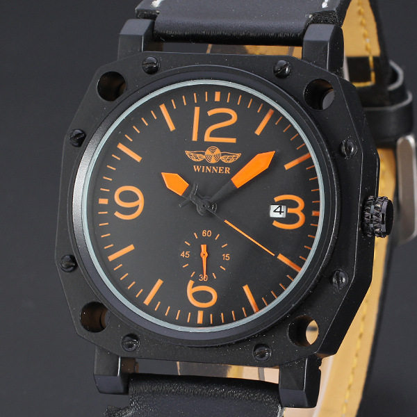 WINNER three-pin automatic minimalist scale with calendar false eye back overdraft men's leisure mechanical belt watches D67