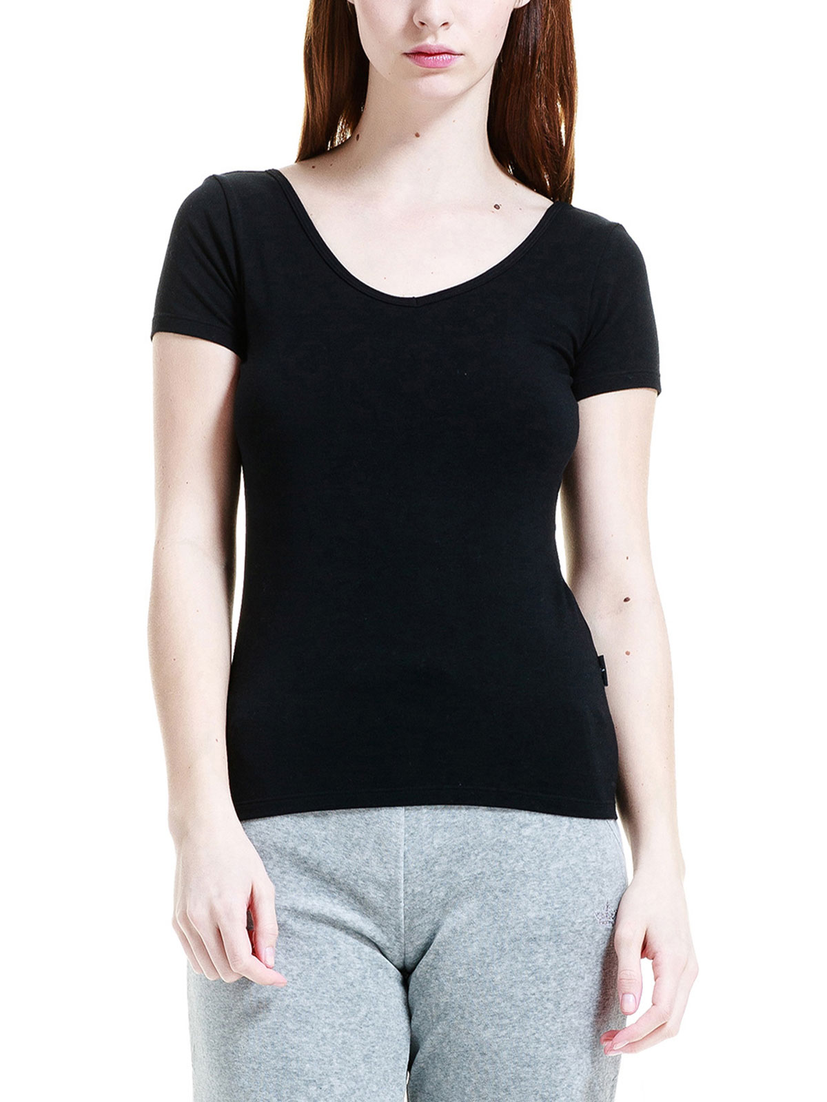 ROYAL VELVET|黑色摩登女款短袖V领T恤衫