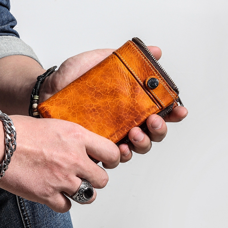 Wallet for Men, Short Style, Genuine Leather Wallet, Money Clip, Student Vintage Distressed Zipper Coin Purse, Vertical Style, Cowhide Men's Wallet