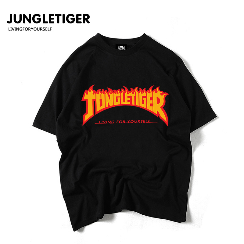 丛林老虎潮牌火焰短袖T恤滑板嘻哈JUNGLETIGER字母大码宽松体恤潮